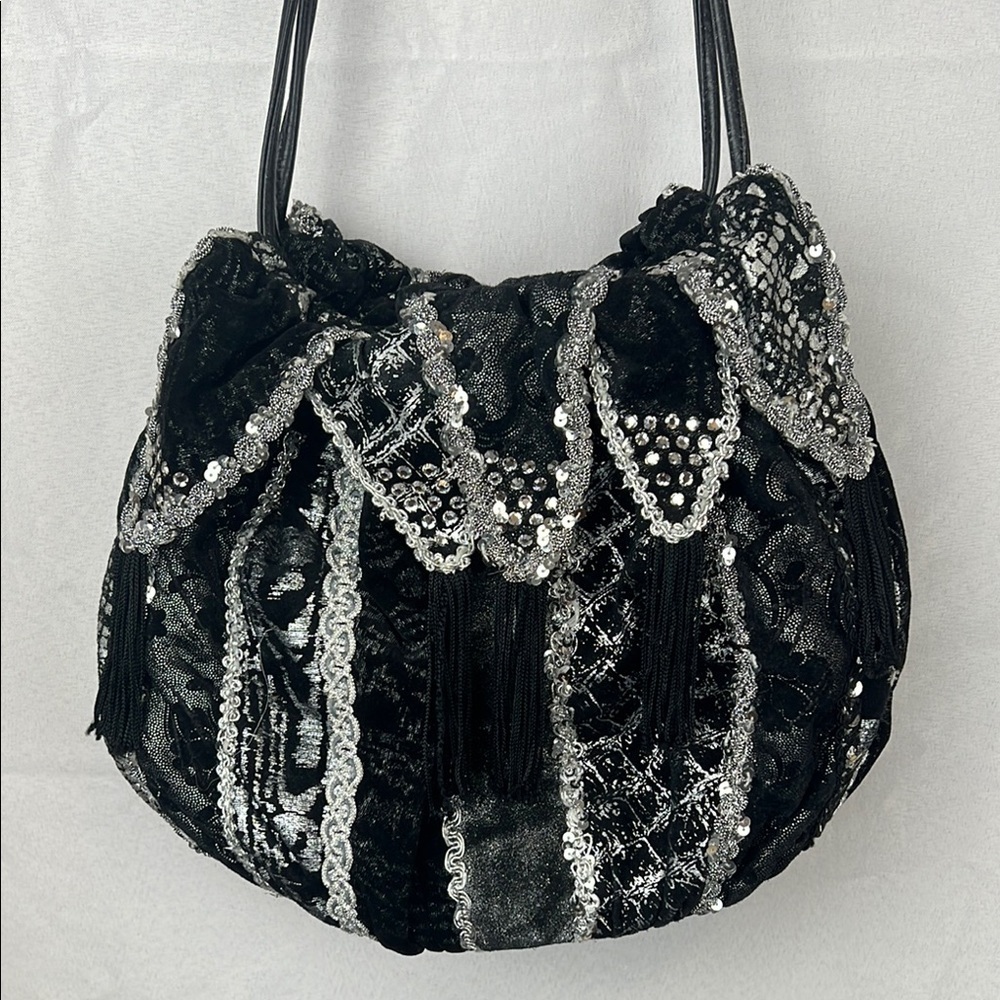 Rita Diana for Mylinka black and silver leather cinch bag purse with crystals